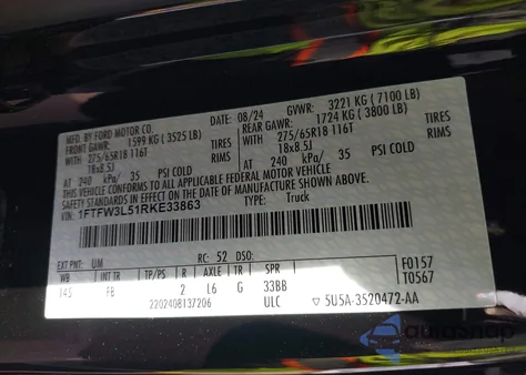 2024 Ford F-150 Xlt из США, поврежденный, VIN 1FTFW3L51RKE33863